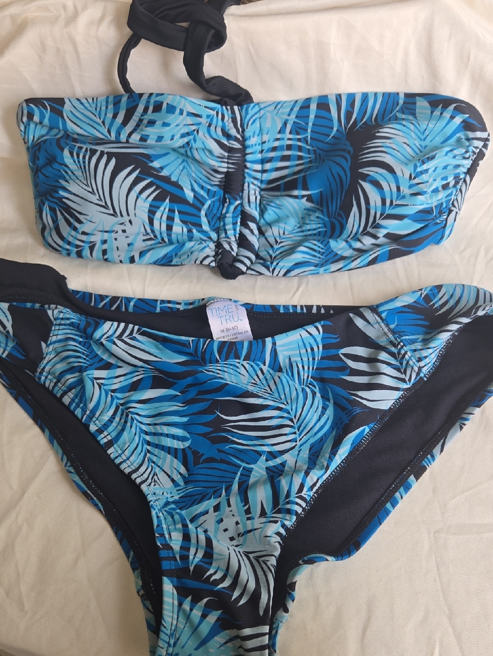 Time and Tru Blue Leaf Print Bandeau Bikini Set